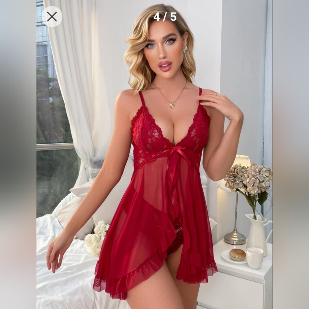 Contrast Lace Mesh Babydoll With Panty Small (4)